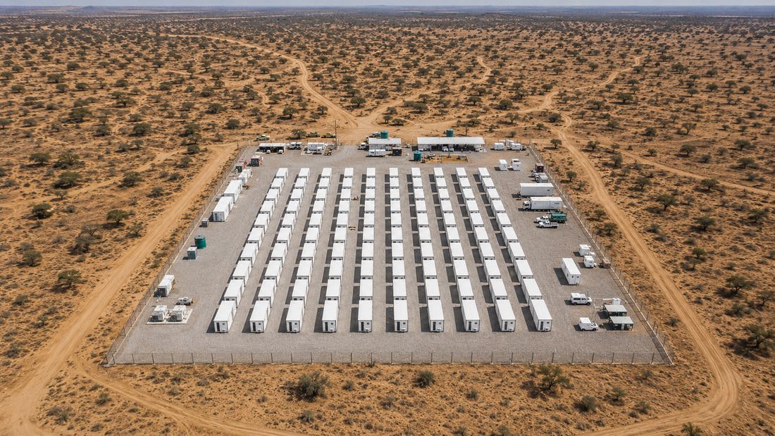 Aerial view of a 200-man base camp showing long rows of modular container accommodation