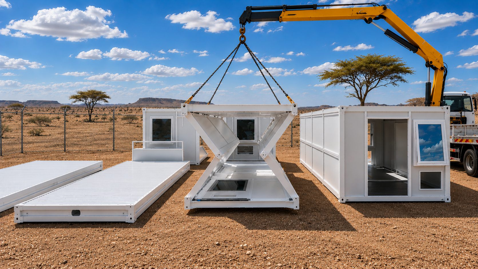 Foldable accommodation unit mid-unfold on site, lifted by crane