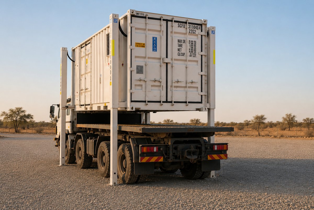 QuikCon container raised clear of the flatbed on its four hydraulic legs